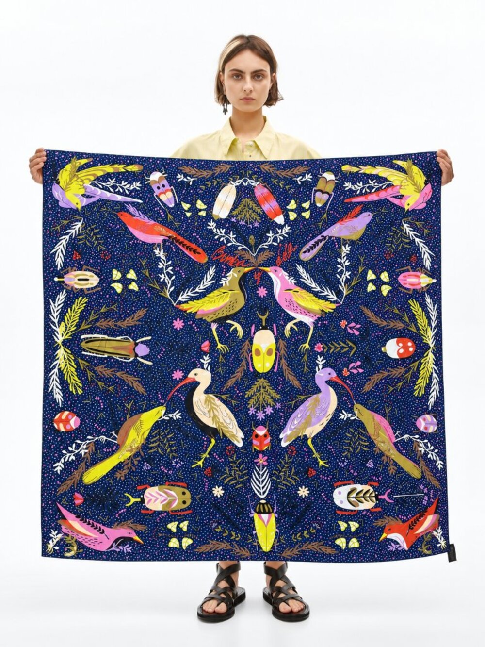 Bimba Y Lola Navy Bird Botanical Floral Scarf Tropical Large Square Statement
